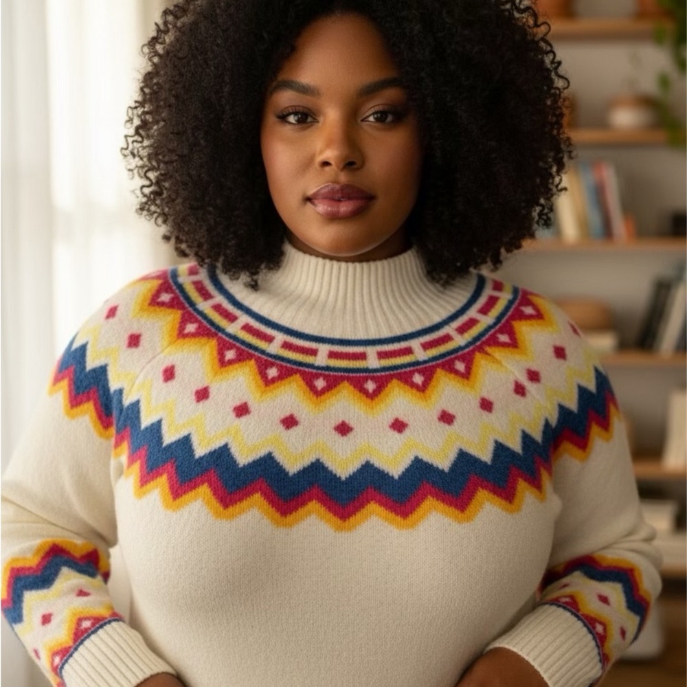 Vince Camuto Cream Multicolor Patterned Turtleneck Sweater